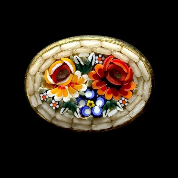Vintage Italian Floral Micro Mosaic Earrings & Brooch Set on Card - Picture 2 of 11